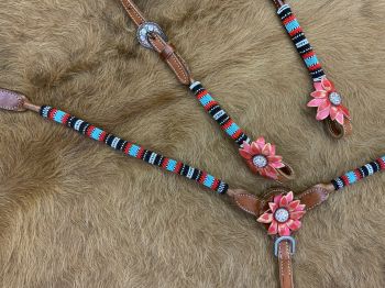 8033: Showman ® One Ear beaded Headstall and Breast collar Set w/ 3D leather flower accents Headstall & Breast Collar Set Showman   