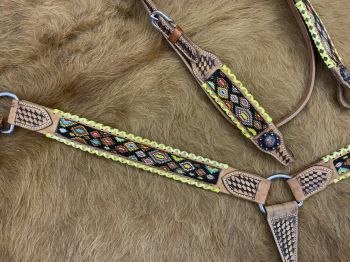 8037: Showman ® Browband beaded Browband Headstall and Breast collar Set w/ yellow laced edge acce Headstall & Breast Collar Set Showman   