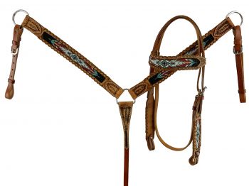 8038: Showman ® Browband beaded Browband Headstall and Breast collar Set w/ rawhide leather accent Headstall & Breast Collar Set Showman   