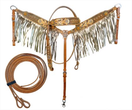 8039: Showman ® Gold Fringe tooled leather Headstall and Breast collar set with floral tool painte Headstall & Breast Collar Set Showman   