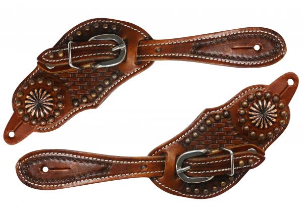 9089: Showman ® Youth size basket weave tooled spur straps with copper accents Spur Straps Showman   
