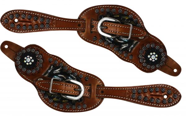 9092: Showman ® Ladies size painted floral tooled spur straps with crystal conchos Spur Straps Showman   