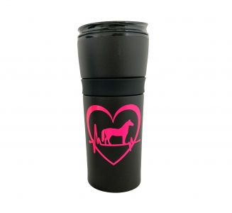 917: 16 oz Black Coated Black tumbler with Pink Horse in Heartbeat Tumbler Showman Saddles and Tack   