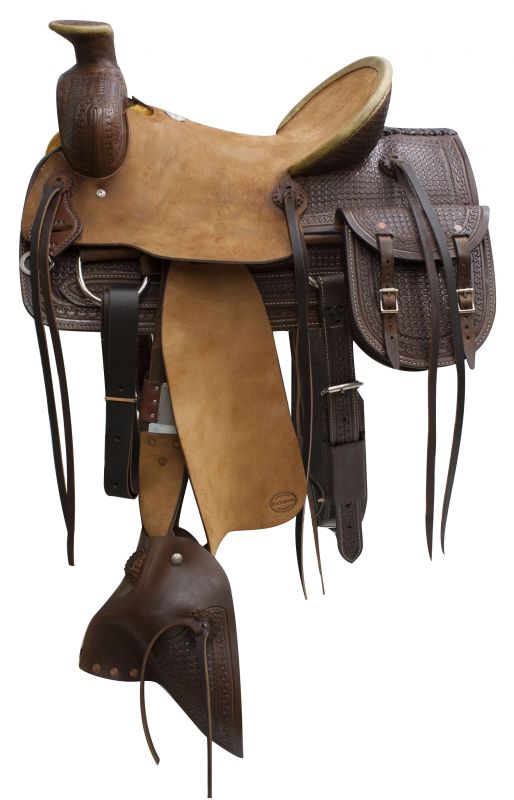 96000: 16" Blue River roper saddle with rough out leather and hard seat, jockeys and fenders Roping Saddle Blue River   