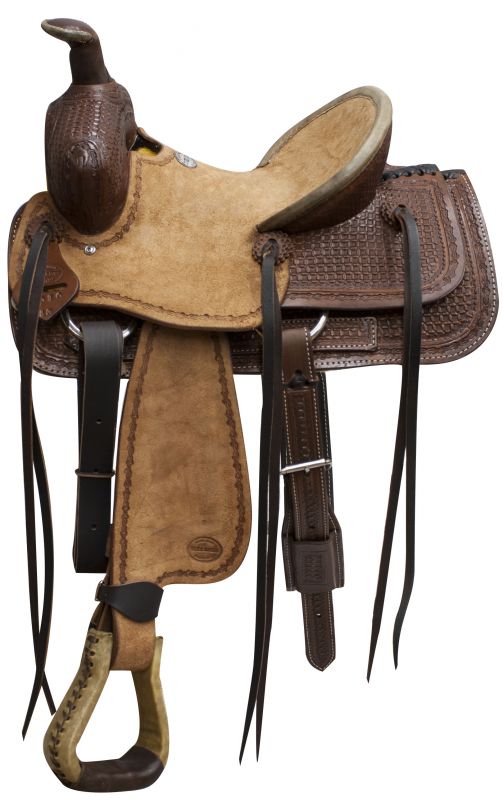 9601013: 13" Blue River roper saddle rough out leather and basketweave tooling Roping Saddle Blue River   