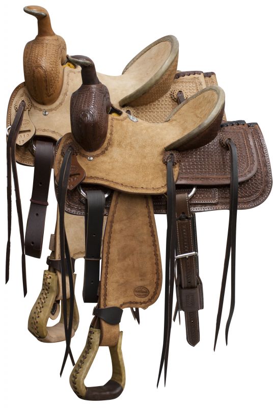 9601013: 13" Blue River roper saddle rough out leather and basketweave tooling Roping Saddle Blue River   