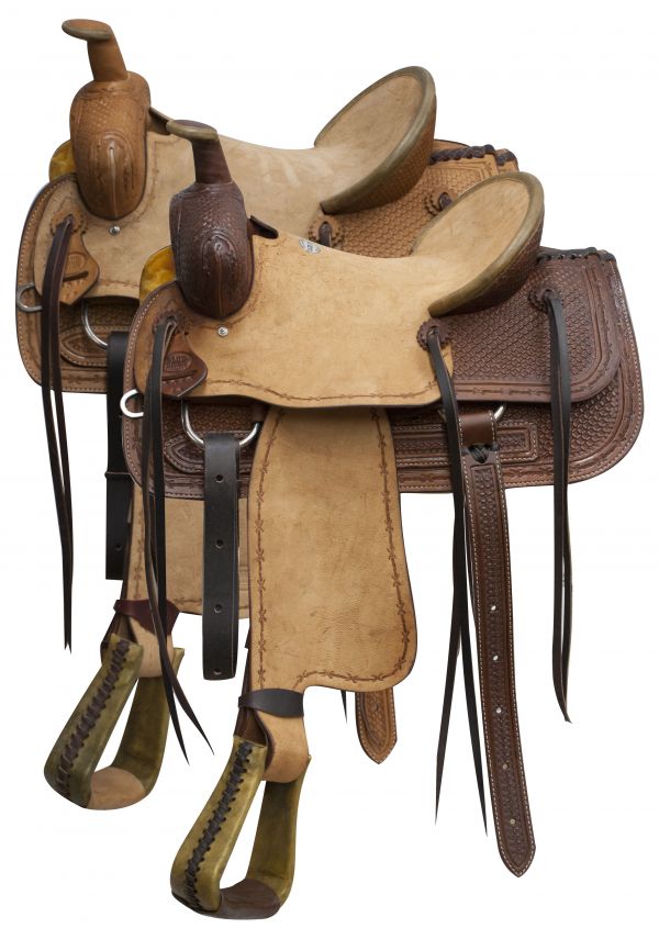 9601016: 16" Blue River roper saddle rough out leather and basketweave tooling Roping Saddle Blue River   