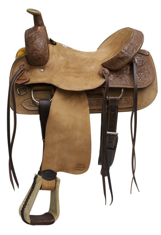 9608216: 16" Blue River roper saddle with rough out leather and hard seat accented with dark oiled Roping Saddle Blue River   