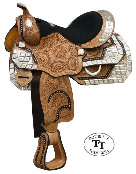 965613: 13" Double T fully tooled Youth / Pony show saddle with silver Youth Saddle Double T   