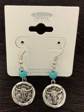 AE3925SBTQ: Round silver earring w/ steer head and turquoise accent Primary Showman Saddles and Tack   