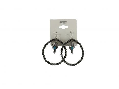 AE3940-SBTQ: A set of 2" silver beaded hoop earrings with cactus decal Primary Showman Saddles and Tack   