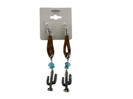 AE4352-SBTQ: Western cactus dangle earring on leather with turquoise stones Primary Showman Saddles and Tack   