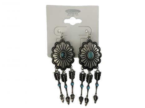 AE4358-SBTQ: Round concho earring with turquoise and arrow dangles Primary Showman Saddles and Tack   