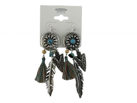 AE4359-SBTQ: Round concho earring with feather and tassels Primary Showman Saddles and Tack   