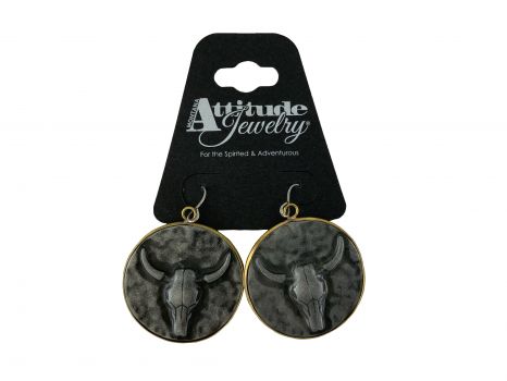 AER4666: Attitude by Montana Silversmith, Set of black longhorn on silver disk earrings with fishh Primary Showman Saddles and Tack   