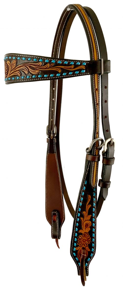 AK-305: Showman ® Argentina cow leather  two-tone browband headstall with floral tooling and turqu Primary Showman   
