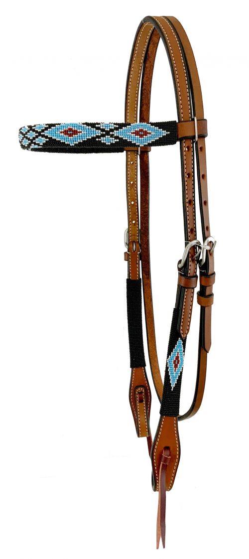 AK-312: Showman ® Medium Brown Argentina cow leather brow-band headstall with  beaded overlay desi Primary Showman   