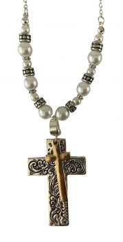 AN2592-TTPL: Silver beaded necklace set with gold cross with larger silver cross charm, necklace f Primary Showman Saddles and Tack   