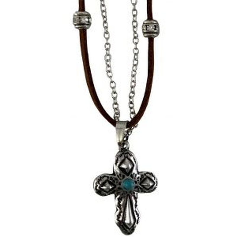AN2765-SBMT: 18" leather necklace with silver beads and chain with a cross charm, lobster claw cla Primary Showman Saddles and Tack   