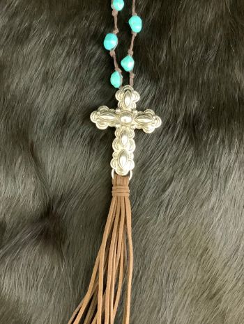 AS6741SBTQ: 30" Leather and turquoise beaded necklace set with 2-1/2" silver cross, leather tassel Primary Showman Saddles and Tack   