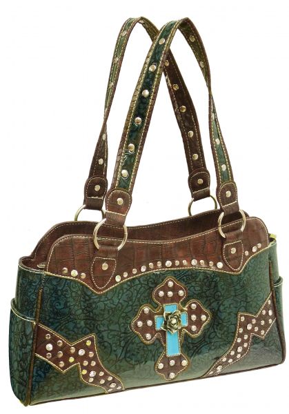 BA1241-G: Teal filigree PU leather puse with brown gator print trim Primary Showman Saddles and Tack   