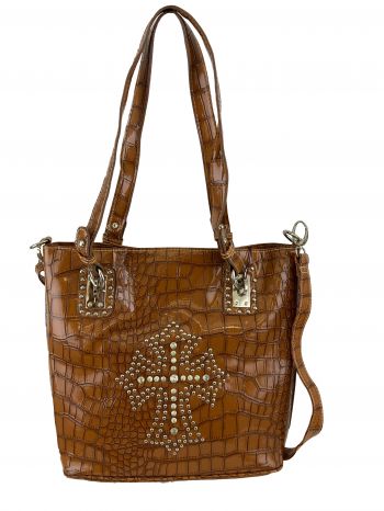 BA1775-C: P&G Brown Gator Synthetic Purse w/ Rhinestone & Beaded Cross, this purse features a doub Primary Showman Saddles and Tack   