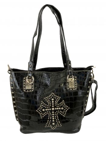 BA1775-D: P&G Black Gator Synthetic Purse w/ Rhinestone & Beaded Cross, this purse features a doub Primary Showman Saddles and Tack   