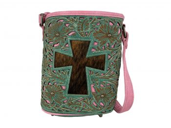 BA1936-E: Turquoise/ Pink  Genuine Leather Crossbody Bag with cross cowhide overlay Primary Showman Saddles and Tack   