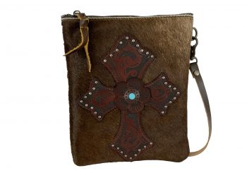 BA2064-C: Genuine Leather Crossbody Bag with cowhide & leather cross with turquoise bead accent Primary Showman Saddles and Tack   