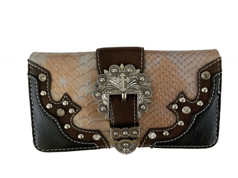 BA2555-A1: Wallet with Silver Cross and Buckle with Peach Gator Skin Inlay Primary Showman Saddles and Tack   