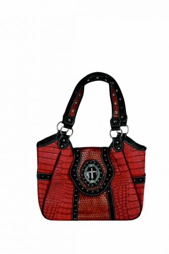 BA2600-B: Red PU leather handbag with basket weave inlay Primary Showman Saddles and Tack   