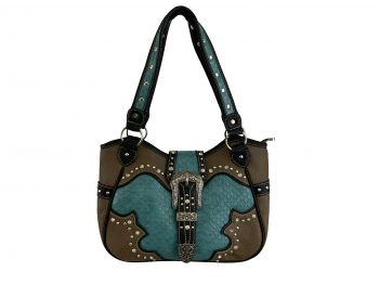 BA2638-B: Brown& Black PU leather handbag with teal snake inlay & silver beads and buckle closure Primary Showman Saddles and Tack   
