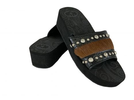 BA2861-A: Western Bling Wedge Flip Flops with Black Gator and brown cowhair inlay with Rhinestones Primary Showman Saddles and Tack   