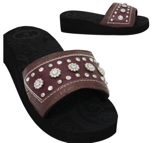 BA2863-B: Western Bling Wedge Flip Flops with Brown and Burgundy Leather and Crystal Rhinestones Primary Showman Saddles and Tack   
