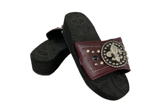 BA2865-B: Burgundy Ostrich Wedge Flip Flops with fleur de lis Concho and accent beading Primary Showman Saddles and Tack   