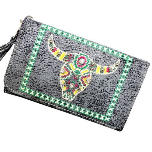 BA3030-A1: Gray PU leather phone wallet with embroidered steer skull Primary Showman Saddles and Tack   