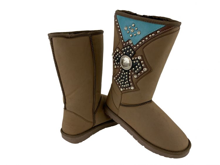 BA3336-CL: Brown suede tall boot with rhinestone cross and silver concho Primary Showman Saddles and Tack   