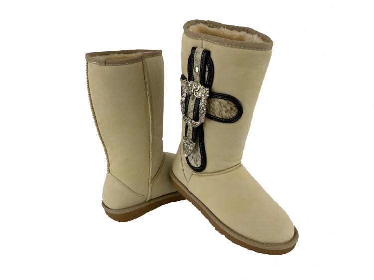 BA3337-A: Sand suede tall boot with cross buckle and cowhide Primary Showman Saddles and Tack   