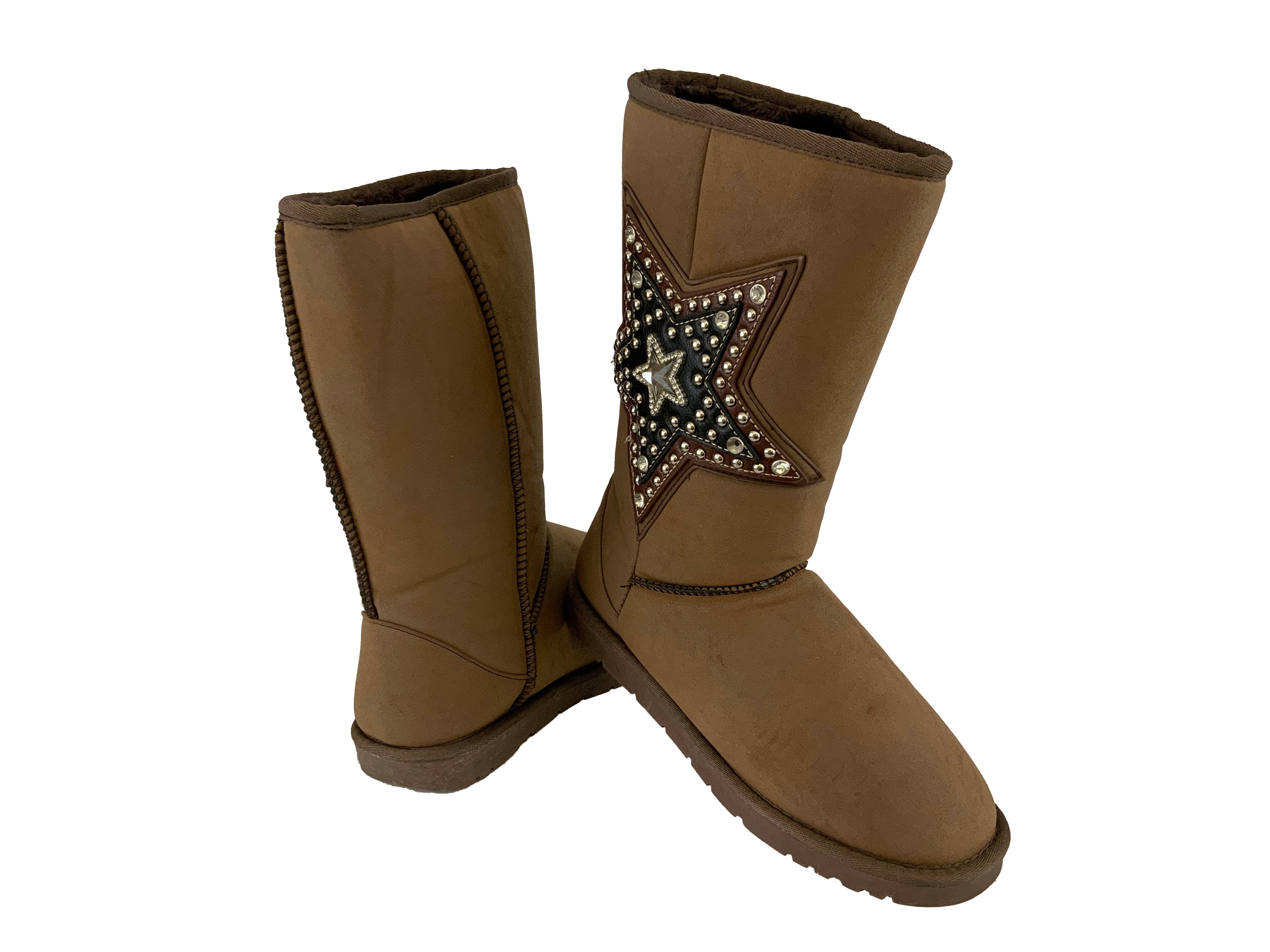 BA3338-C: Mocha suede tall boot with leather star and rhinestones Primary Showman Saddles and Tack   
