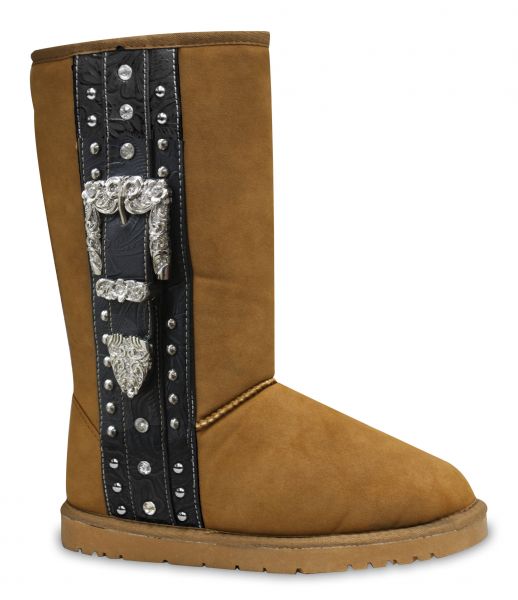 BA3339-B: Brown suede tall boot with black embossed leather stripe with engraved buckle accented w Primary Showman Saddles and Tack   