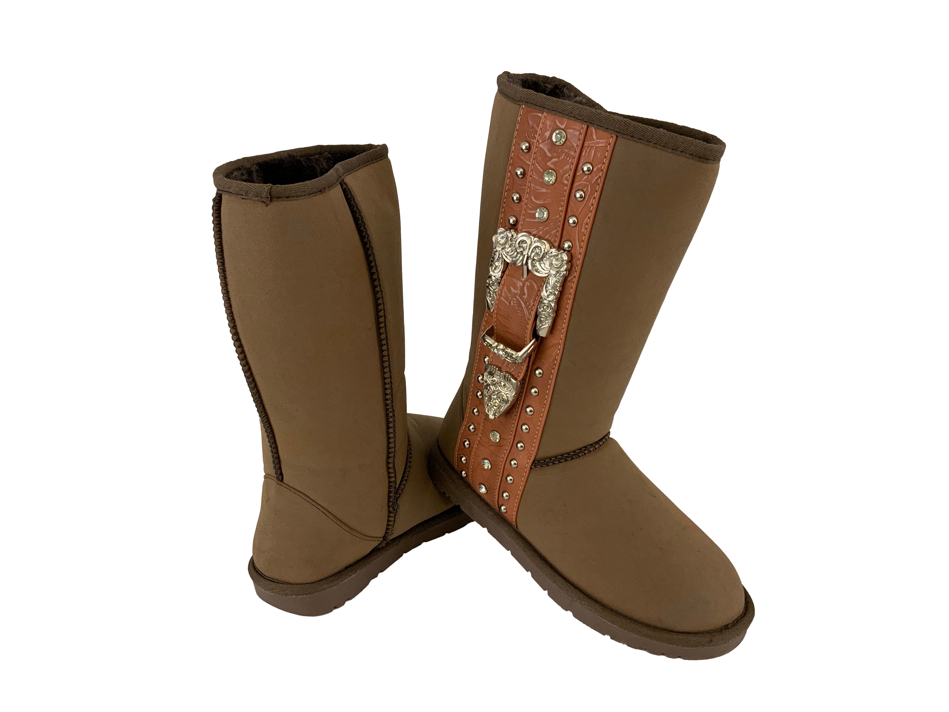 BA3339-C: Mocha suede tall boot with buckle and leather strip Primary Showman Saddles and Tack   