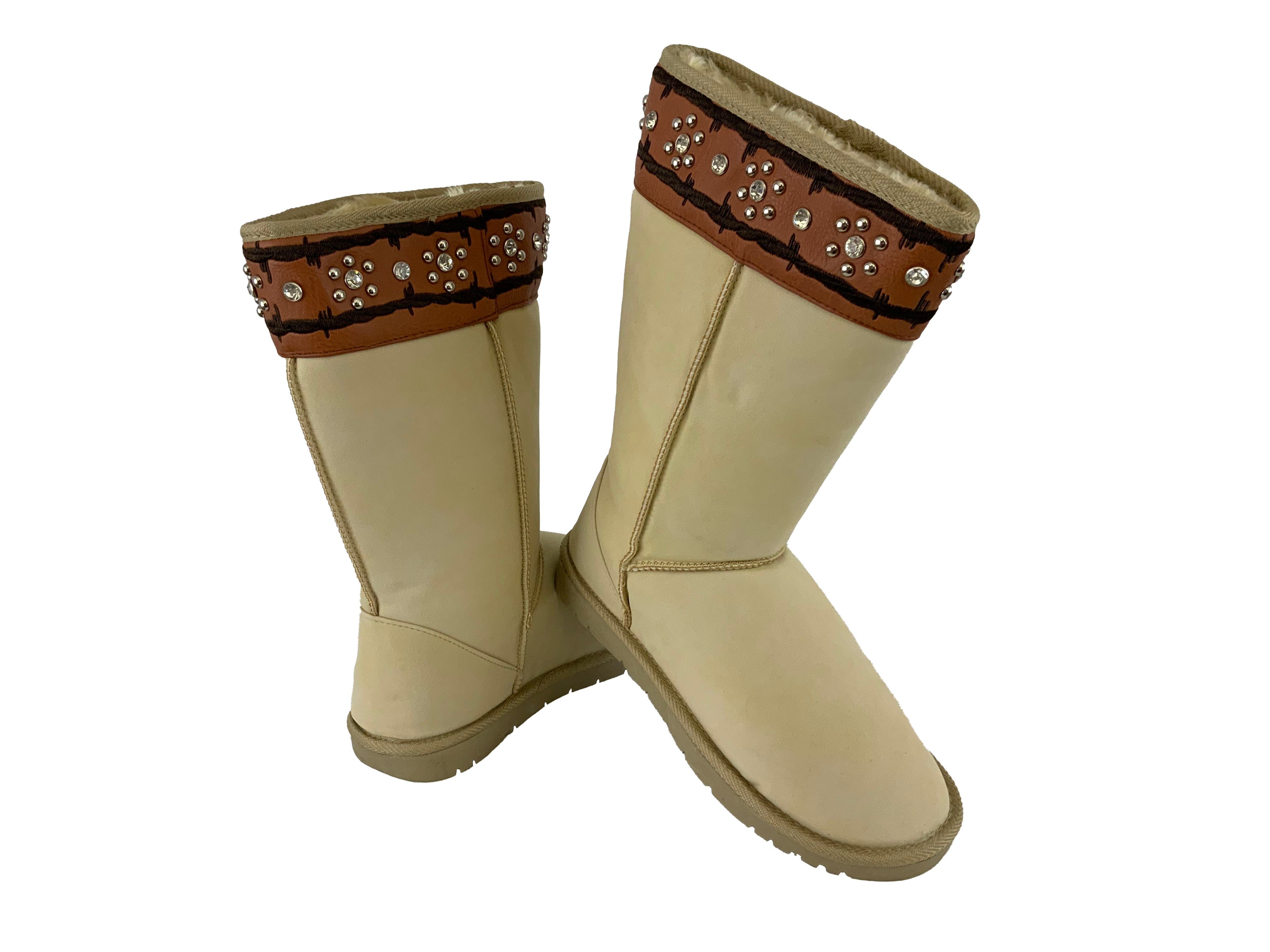 BA3341-A: Sand suede tall boot with ivory leather trim accented with barbed wire embroidery and cr Primary Showman Saddles and Tack   