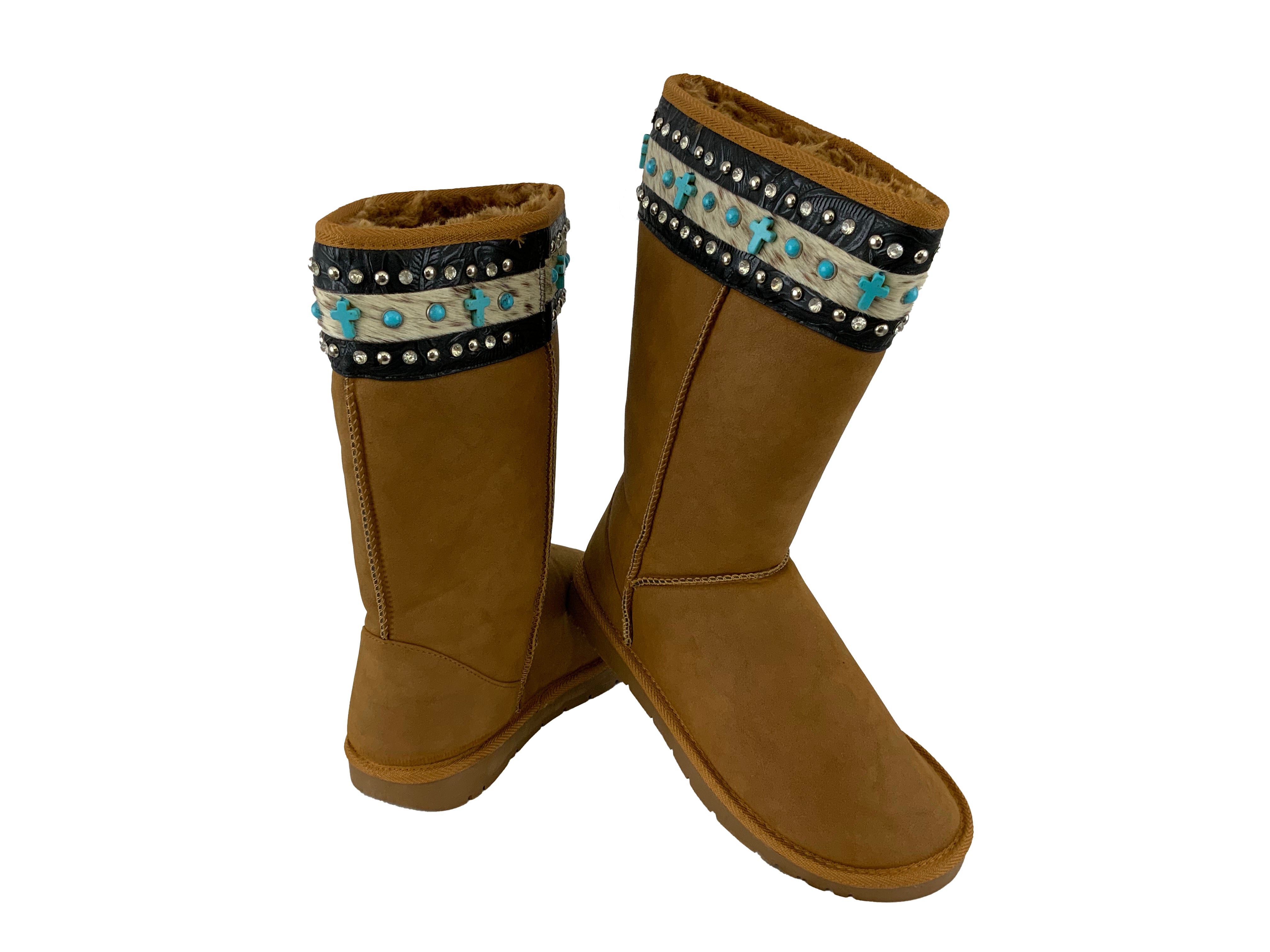 BA3344-B: Camel suede tall boot with black embossed camel colored leather stripe with crystal rhin Primary Showman Saddles and Tack   