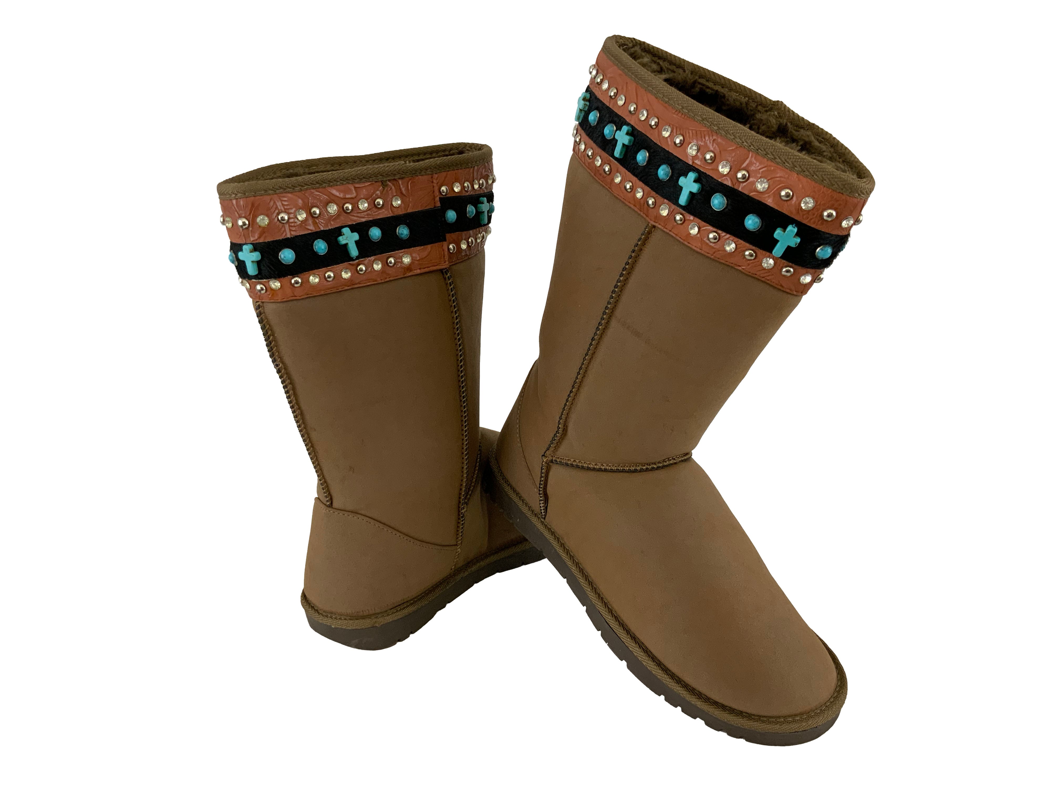 BA3344-CL: Mocha suede tall boot with black embossed camel colored leather stripe with crystal rhi Primary Showman Saddles and Tack   