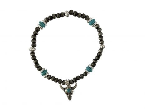 BB01146ASTQ: Western design silver & turquoise beaded bracelet with longhorn dangle charm, bracele Primary Showman Saddles and Tack   