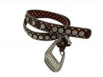 BE1640: P&G Ladies Faux Leather belt w/ Flower concho Bling Accent, belt features a distressed dar Primary Showman Saddles and Tack   