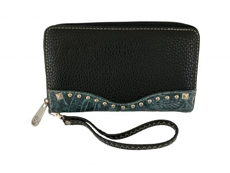 BE2703-A: Black Leather Wristlet with silver jewels and teal overlay Primary Showman Saddles and Tack   