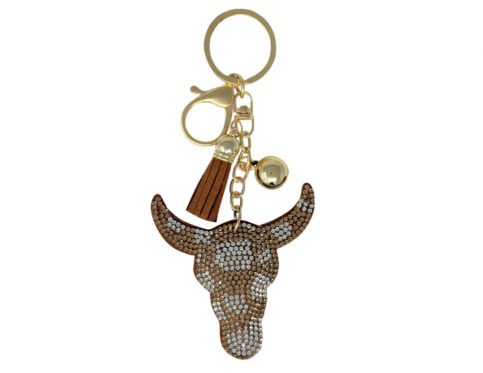 Bedazzled steer head keychain  with clip and  tassel Default Shiloh   