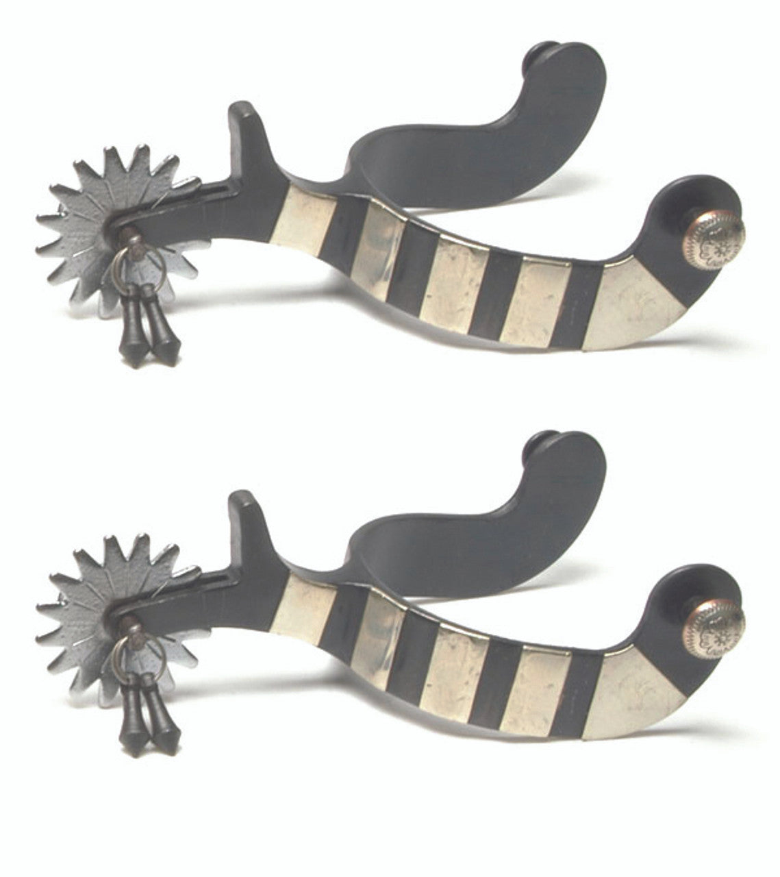 Black Steel Jingle Bob Spurs 1" German Silver Band-TexanSaddles.com