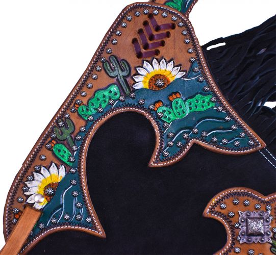CH-08: Showman ® Black suede leather chinks with hand painted sunflower and cactus design Leather Chinks Showman   